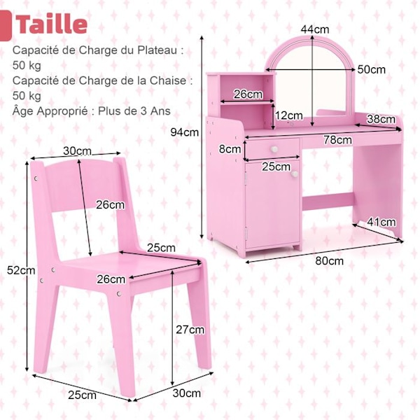 COSTWAY 2 i 1 toiletbord med stol til børn med spejl og 120 LED-lys, 2 hylder og skuffe, Pink