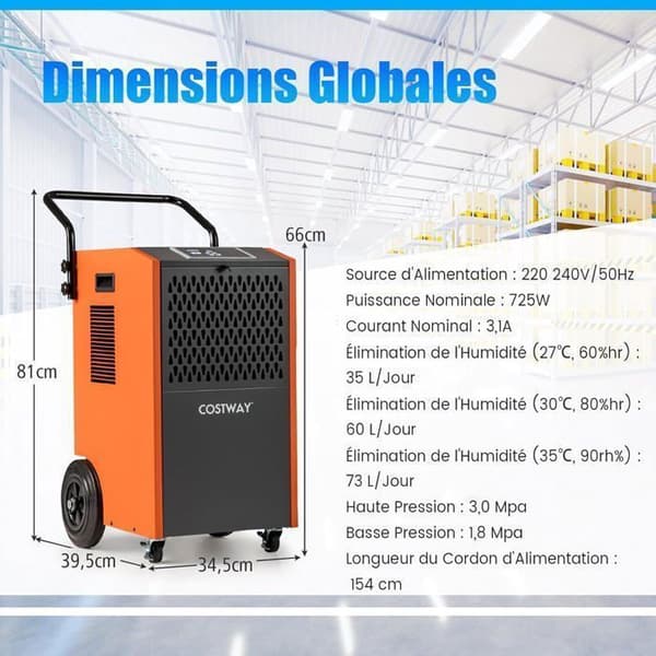 COSTWAY Industriel Luftaffugter 73 L/Dag Professionel, 24 timers timer, Overflade 230m2/695m3 Orange