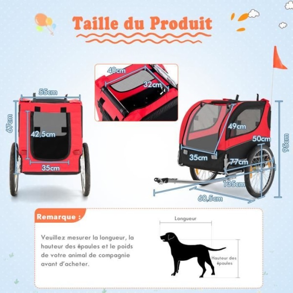 COSTWAY cykelvagn för husdjur upp till 40 kg med 50 cm hjul och taklucka för hundar/katter, röd