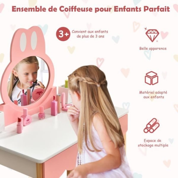 COSTWAY Sminkbord för barn med pall - Avtagbar spegel - 1 lådor - 2 förvaringslådor - Rosa + vit dekor