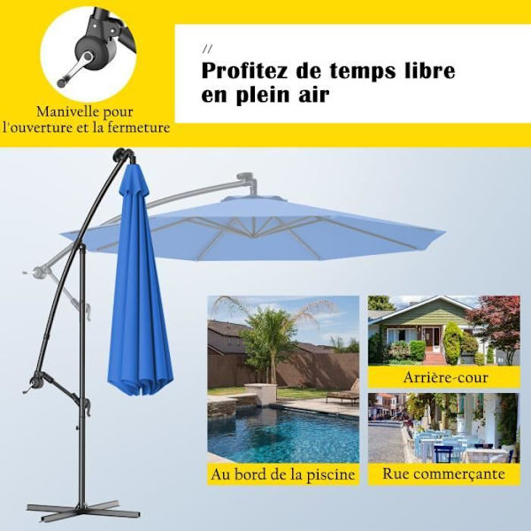 COSTWAY 3M Offset Parasol med 24 LED Solar Lampe i Vandtæt Polyester Højde 2,5M med 8 Blå Jern Ribber Blå