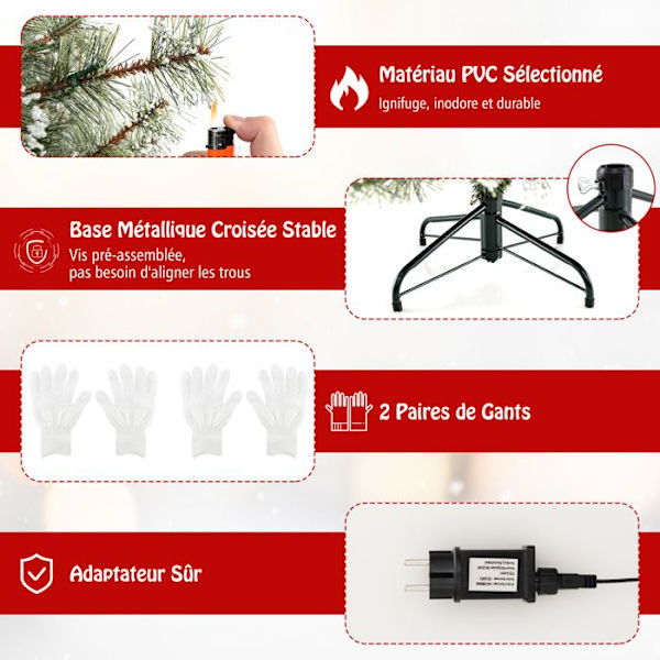 COSTWAY 180 cm LED kunstigt juletræ-strømstik-350 lys med 9 lystilstande, hukommelsesfunktion-timer