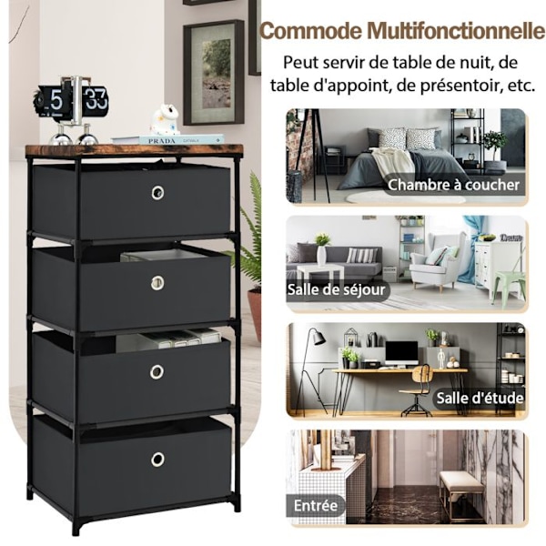 COSTWAY kommode med 4 stofskuffer 42 x 33,5 x 84,5 cm, med metalramme, opbevaringsskuffemøbler til soveværelse, industri, sort Svart