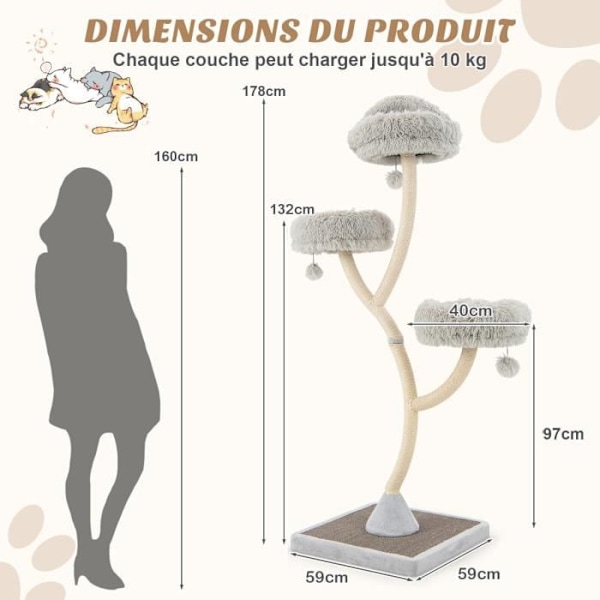 COSTWAY Cat Tree 178 cm, 3 riippupalloa, 3 ahventa, sisal-raapimistolppa, Cat Tower kaareva metallirunko, harmaa