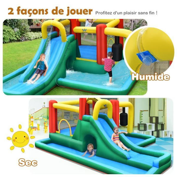 COSTWAY Hoppborg för barn 3-10 år med uppblåsare 680W Paddlingspool Rutschkana Klätterväggstunnel 470 x 370 x 190 cm Flerfärgad