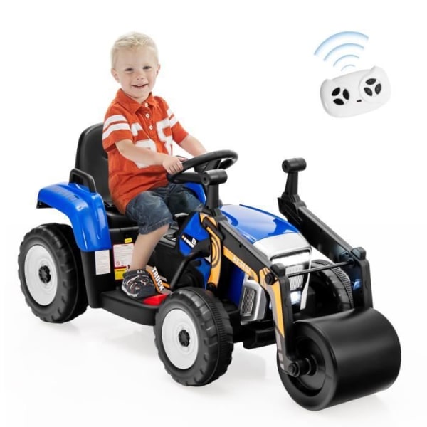 COSTWAY barnelbil 12V traktor med vägvält, fjärrkontroll, lampor, horn, blå