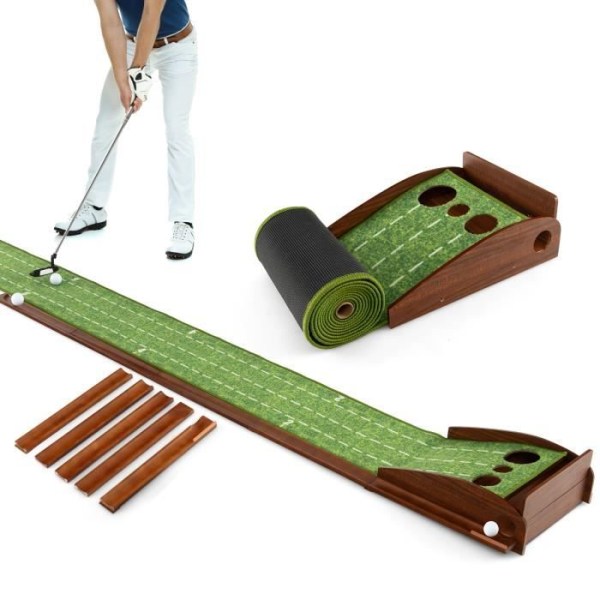 COSTWAY Rolling Golf puttmatta 303 cm - Automatisk retur - 3 golfbollar - 4 inriktningsguider - Magnetisk tråg - 3 hål