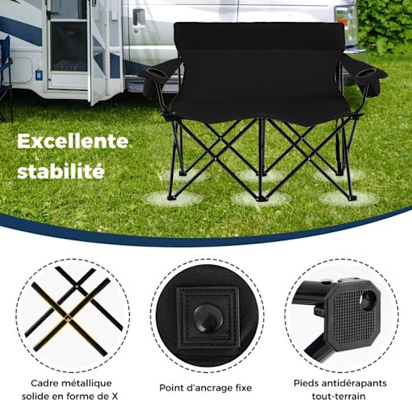 COSTWAY Havebord Foldbar 2 Personer, Kopholder, Transporttaske, til Camping Strand Fiskeri Rejse, Belastning 300 kg, Sort Svart