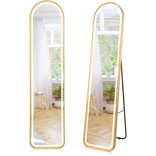COSTWAY LED væg- eller stående spejl 37 x 155 CM, aluminiumsramme, 3 farver belysning og dæmpbar, guld gyllene
