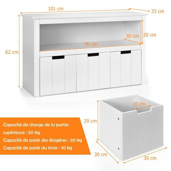 COSTWAY opbevaringsenhed, opbevaringsskab med 3 skuffer, åbne rum og buede håndtag, 101 x 33 x 62 cm, hvid Vit