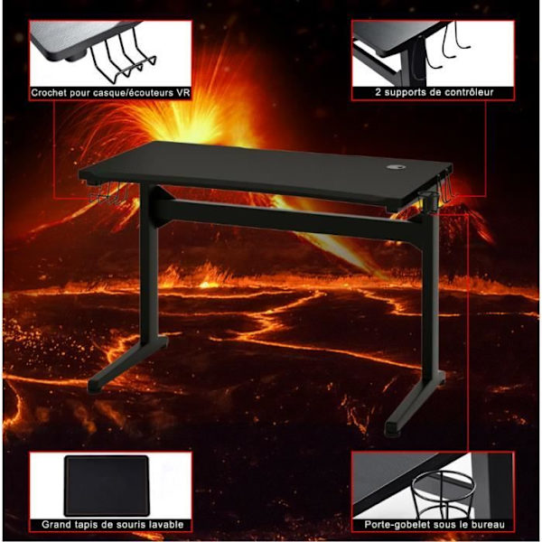 COSTWAY Ergonomisk spillebord, computerbord med kopholder, hovedtelefonholder og musemåtte, 115x60x76cm, sort Svart