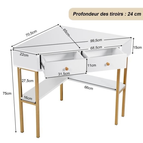 COSTWAY Hjørnebord - 2 skuffer og 1 hylde - L 70,5 x D 70,5 x H 75 CM - Modern Scandinavian - Hvidt computerbord Vit