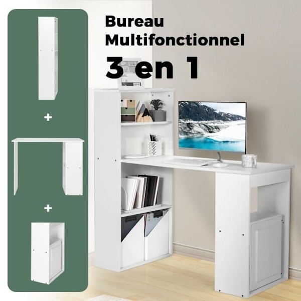 COSTWAY Vendbart computerbord med reol, moderne med 6-lags opbevaringshylder, hvid Vit
