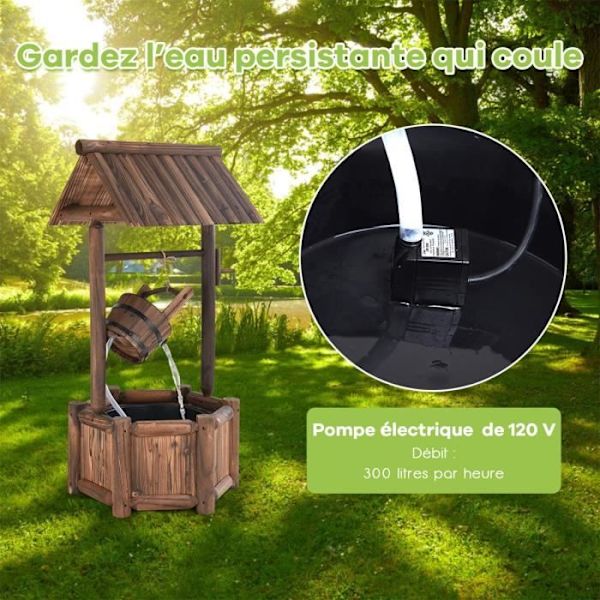 COSTWAY Träbrunn Utomhus Trädgårdsfontän 60x57x115 cm med elektrisk pump Flödeshastighet 300 L/h Transparent slanghängande hink kastanj