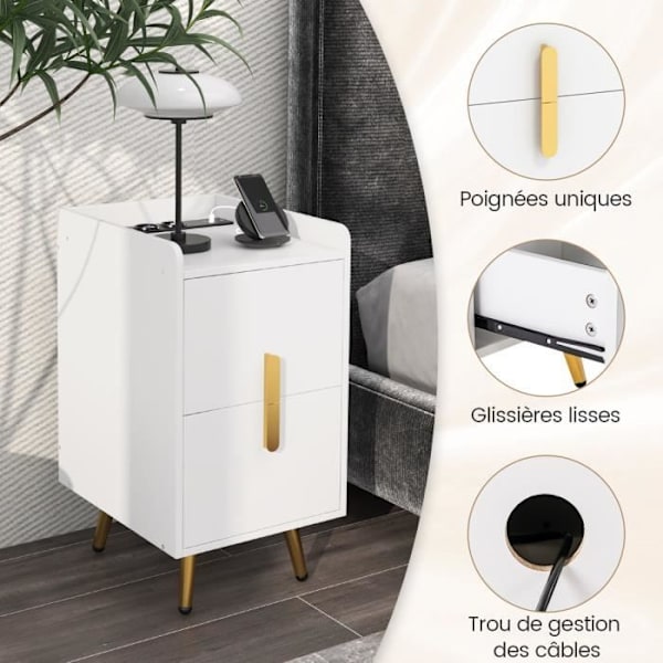 COSTWAY Natbord med 2 Skuffer, 2 USB-porte og 3 stik, metalben, til soveværelse, stue, 40 x 32 x 60 cm, Hvid Vit