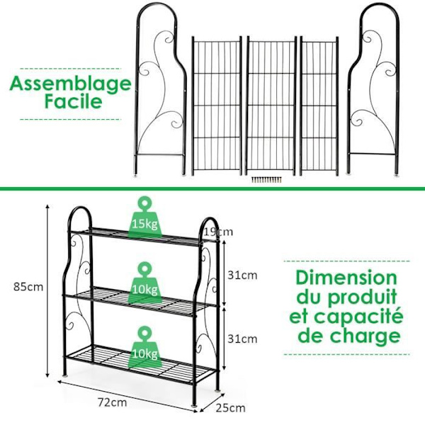 COSTWAY Plante holder i 3 niveauer i metal, elegant design, støtte til blomsterpotter til have, balkon, stue, 72 x 25 x 85 cm