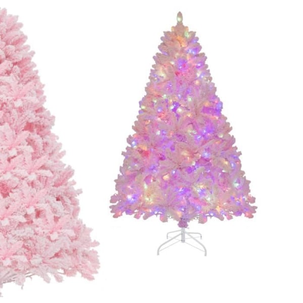 COSTWAY Flocked kunstigt juletræ 185 cm 350 LED-lys i 4 farver og 8 dynamiske tilstande med 808 lyserøde PVC-grene Rosa