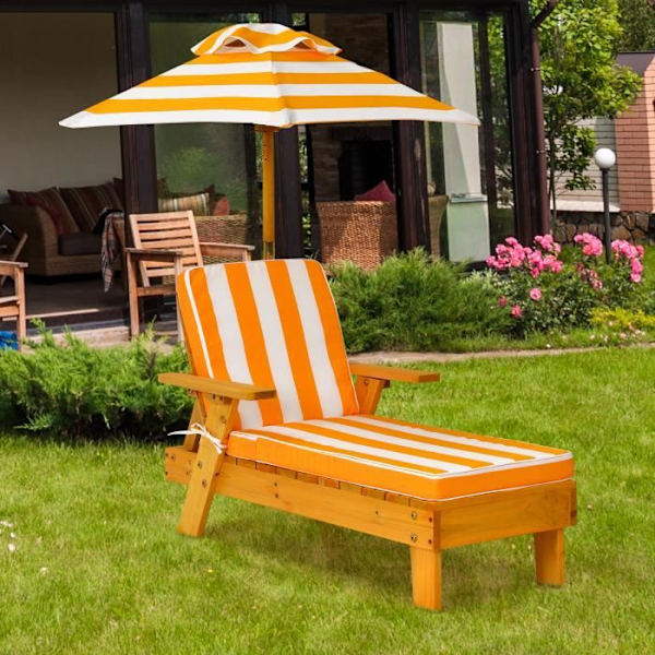 COSTWAY Chaiselong i Træ med Aftagelig Parasol Vaskbar Pude 92 x 49 x 106CM Maksimal Belastning 50KG Striber til Børn 3-8 År