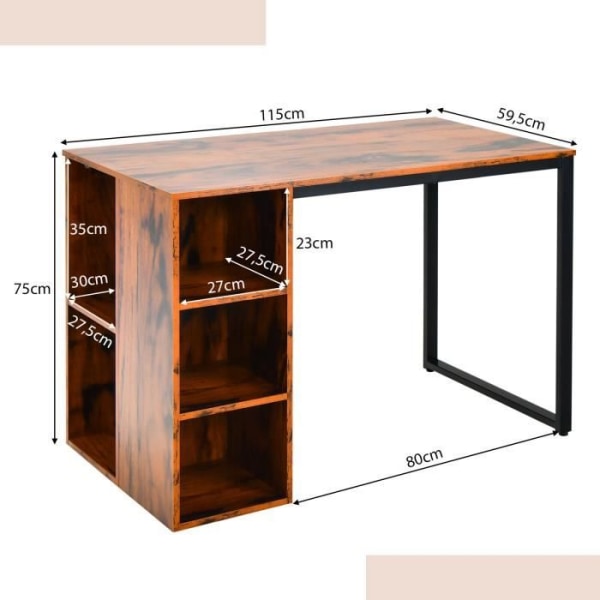 COSTWAY computerbord med reol, metalstel, computerbord 115 x 59,5 x 75 cm med 5 rum, brun Rustik brun + svart