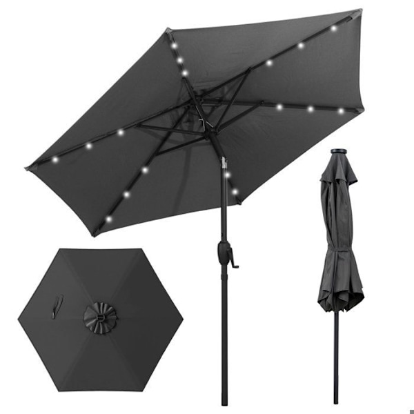 Solparasol 230 cm - 18 LED-lampor - COSTWAY - Lutning med knappt tryck - Ventilerad grå duk