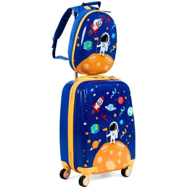 COSTWAY 16-tums rullväska för barn + 12-tums ryggsäck blå bagageset för barn med kosmonautmönster för pojkar
