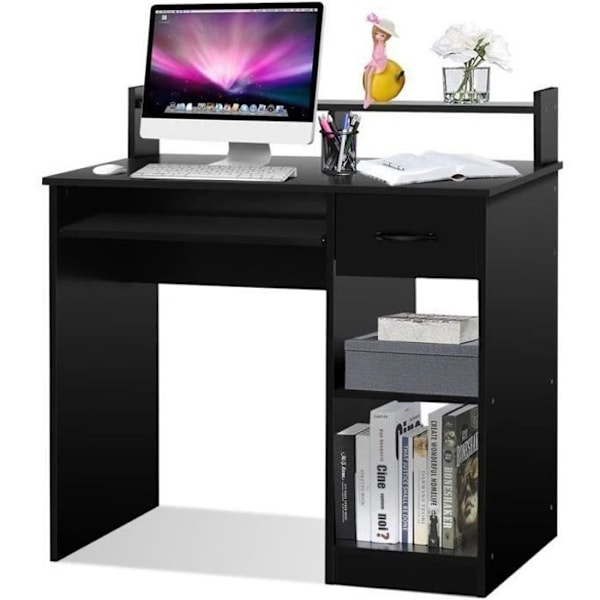COSTWAY Computer Desk med Skuffe og 2 Opbevaringshylder, Computerarbejdsplads med Tastaturplade til Hjemmestudie