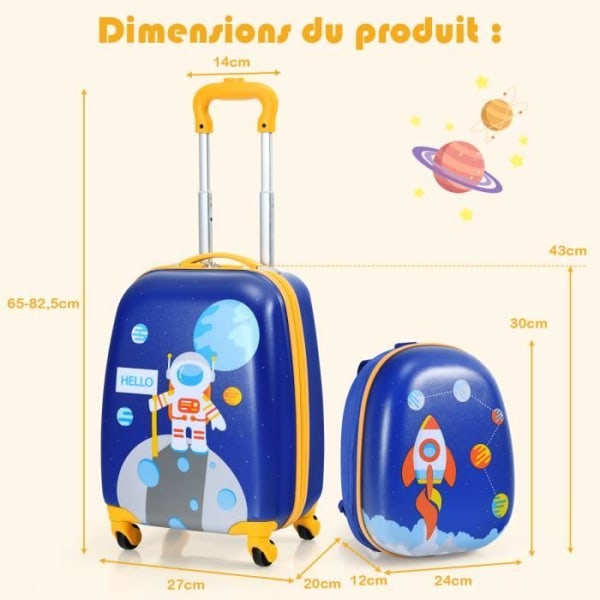 COSTWAY Set med 2 barnresväskor - Ryggsäck + vagn med infällbart handtag Tema: Aerial Blue