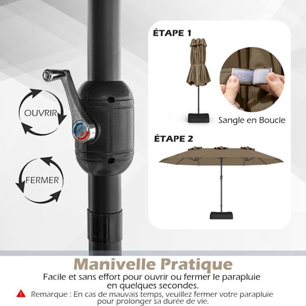 Parasol Double de Jardin 470x285cm Rektangulær - COSTWAY - Basis og 2 Sandposer inkluderet - 12 robuste spiler - Terrasse - Brun
