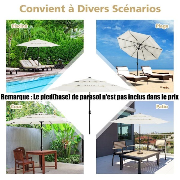 COSTWAY Skrå Parasol 3M 90°-135° i 3 Niveauer Dobbelt Ventileret Manuel Kurbadle, 8 Spidser Polyesterstof PA Belægning Beige