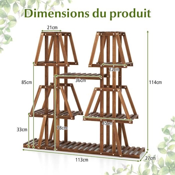 COSTWAY förkolad tallträ Blomväxthylla - 5-vånings växthållare, spaltdesign - inomhus utomhus