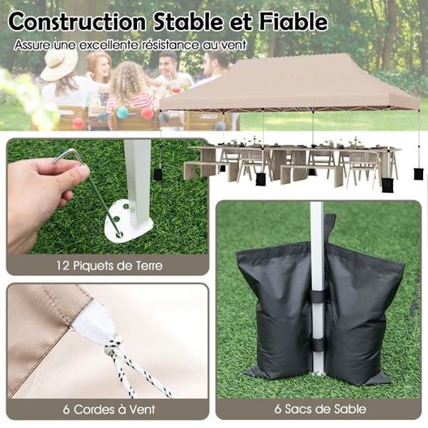COSTWAY Sammenklappelig Have Telt 3 x 6M - Pop-up 6 Sandposer - Solbeskyttelse - Justerbar Højde til Fest, BBQ Beige