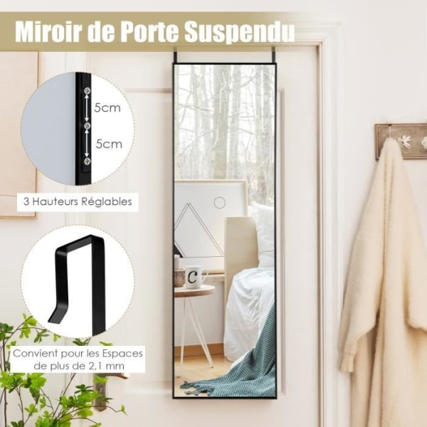 COSTWAY Vägg/dörrhängande spegel - 120 x 37 CM, Hellängdsspegel med justerbara hängkrokar Svart