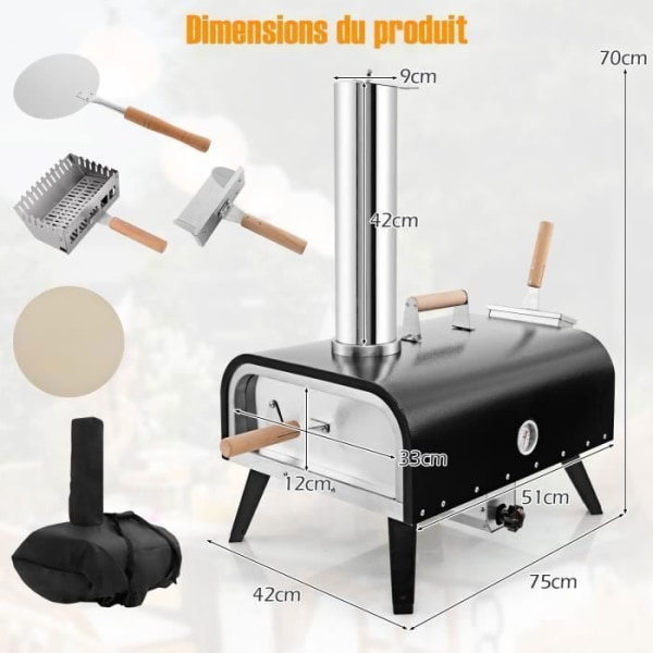 COSTWAY Bärbar utomhuspizzaugn-30cm Roterande Pizza Sten-Träpelletskamin-Termometer-Täcke-Pizzaskyffel