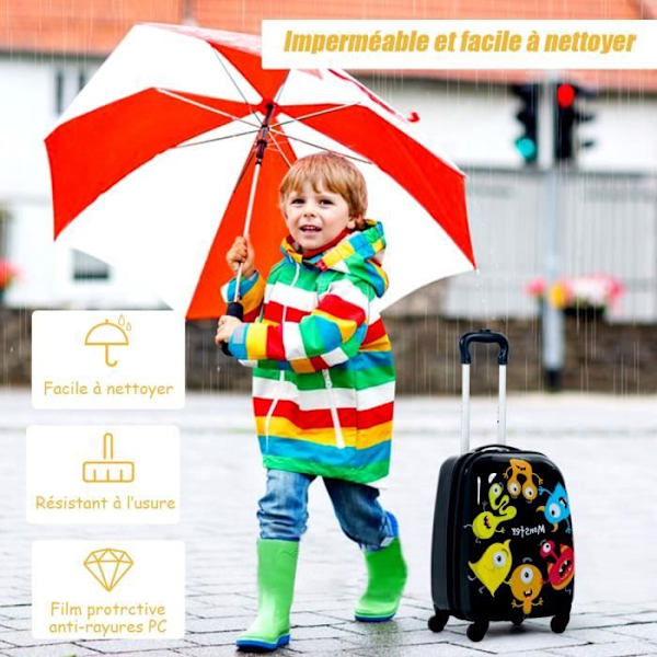 COSTWAY lasten matkalaukku pyörillä 16" + 12" reppu, musta matkalaukkusetti lapsille, pieni hirviökuvio pojille Svart