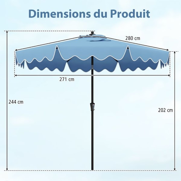 COSTWAY Læskærm til Have, Inklinerbar φ280 x 244 cm, med Dobbelt Tag og Vev, 8 Spidser til Have, Patio og Swimmingpool, Marineblå
