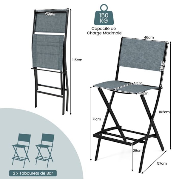 COSTWAY Sæt med 2 Textilene havestole - Sammenklappeligt design - Skridsikre puder - Fodstøtte - Belastning 150 KG - Blå Blå