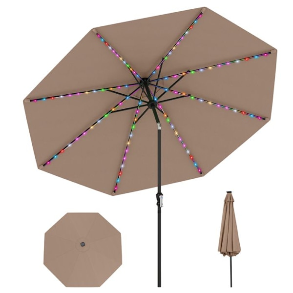 Parasol til Have 3M - 96 LED med 9 Tilstande - COSTWAY - Justerbar Lægning 35° - Solbeskyttelse - 8 Spidser til Terrasse Brun
