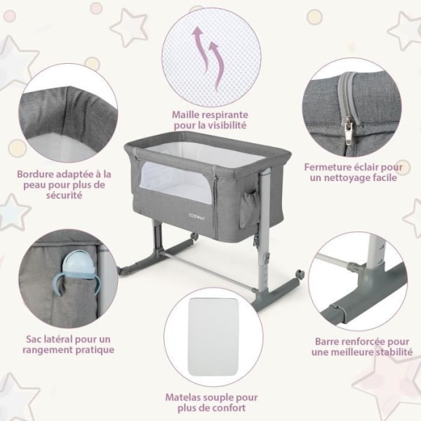 COSTWAY Co-Sleeping Baby Bassinet 5 Justerbara höjder Last 9KG, Andningsbar Mesh Bassinet Resväska för Baby 0-6 månader, ljusgrå