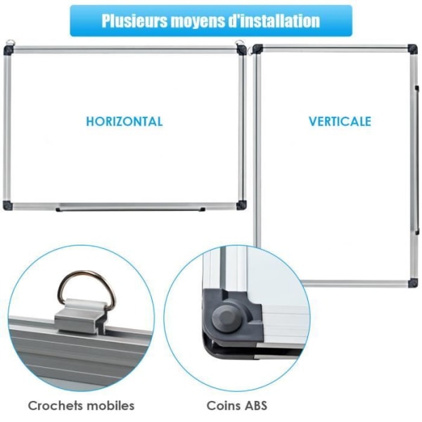 COSTWAY magnetisk whiteboard 90x60 cm sletbar overflade med aluminiumsramme, 2 magneter, 3 kuglepenne og tørsletning Vit