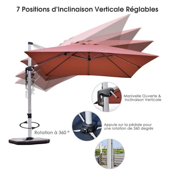 COSTWAY 3M firkantet forskudt parasol med krydsbase Aluminiumsstang 360° drejelig vippearm 8 ribber orange