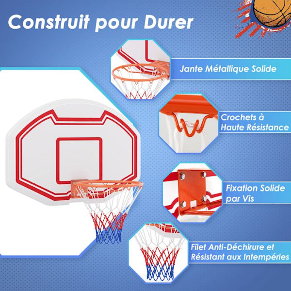 Væghængt Basketkurv 45 cm COSTWAY med Brudsikkert Panel, Rivefast Net til Børn Indendørs/Udendørs, 91 x 61 cm vit + röd
