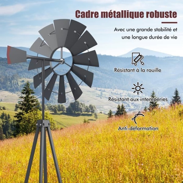 COSTWAY metal vindmølle 253 cm - 12 roterende blæserblade - 4 støtteben - 4 pinde - dekorativ vejrfløjt - grå