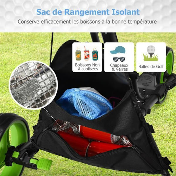 COSTWAY Foldbar golfvogn med 4 hjul, elastisk rem, justerbar paraplyholder og kopholdertaske beklædt med grønt aluminium