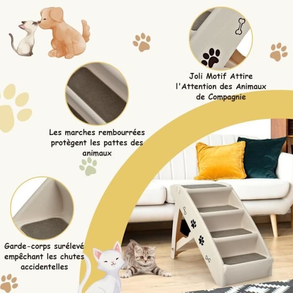 COSTWAY Vikbar hund-/katttrappa 4 plaststeg Last 60 kg 62,5x38x49 CM Mjuk filt och halkskydd Beige