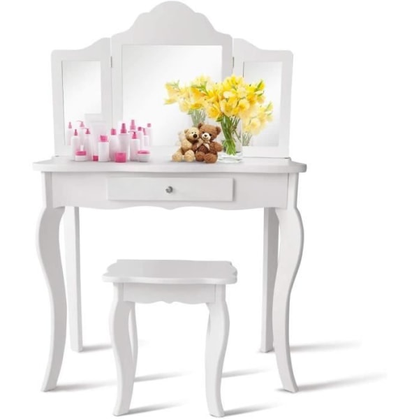 COSTWAY Rosa sminkbord för barn med pall, sminkbord med trepanelsspegel och låda, 70 x 34 x 103 CM Vit
