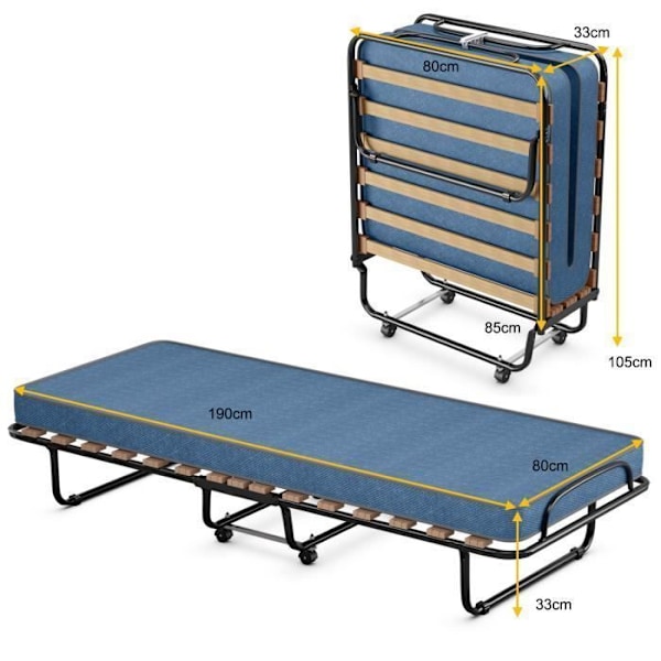 COSTWAY Foldeseng på hjul, 80 x 190 CM, Ekstraseng med 6,5 CM skummadras til hjemmet og kontoret, blå