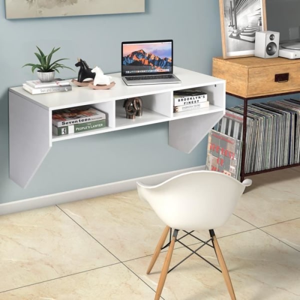 COSTWAY Väggmonterat skrivbord med 3 förvaringshyllor 108 x 53 x 52 CM Bord för, arbetsrum, kök, bar, etc. Svart
