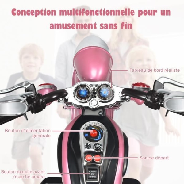 COSTWAY 6V elektrisk motorcykel för barnskoter med 3 hjul ljus- och ljudeffekt, 3 km/h Max, 3 år+ ljusrosa chopper-stil