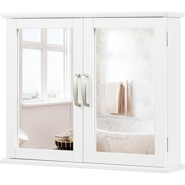 COSTWAY Badeværelses vægskab, med 2 døre og spejl, 2 niveauer, til badeværelse, entré, toilet, 60x14,5x50cm, hvid