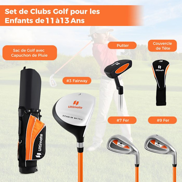 COSTWAY Børnegolftrækstativ med 5 dele sæt golfkøller med understøttelse & regnbeskyttelse, 11 til 13 år, Gul
